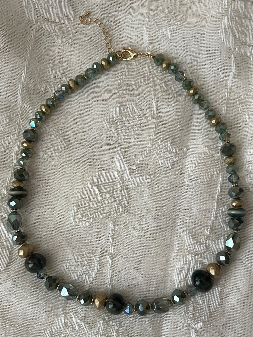 Multi-Tone Green Beaded Necklace with Gold Accents